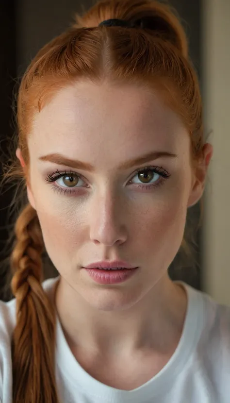 photo,8k,sharp focus,beautiful woman,close up,t-shirt,(detailed eyes:0.8),(looking at the camera:1.4),(highest quality),(best eyeshadow),brown eyes,rim lighting,two tone lighting,dimly lit,low key,intricate details,interior,ponytails,ginger hair:1.3,open m...