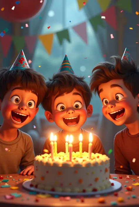 Photo of boys celebrating a joyful birthday blowing out candles and confeti