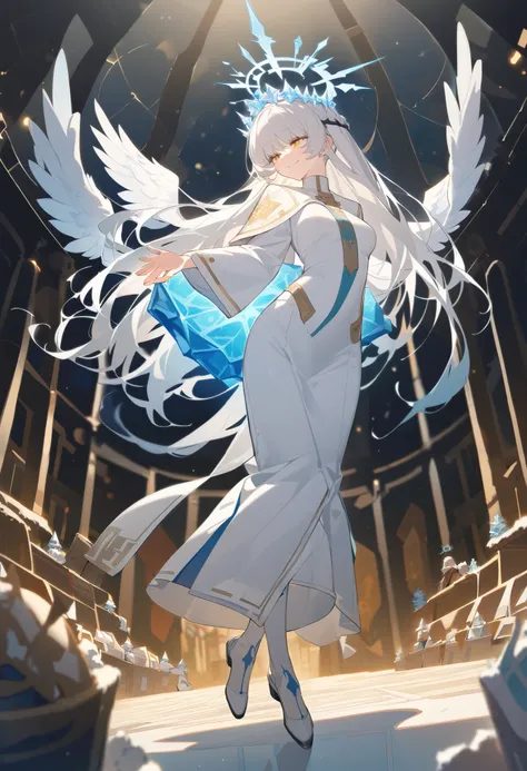  full body vertical painting，Angel with golden eyes and white long hair， adult female ， white eyelashes ，Lowered eyes， in a gorgeous priest costume ，Female angel with an ice crystal crown on her head ，Smiling softly，Turn sideways， high resolution,  long ha...