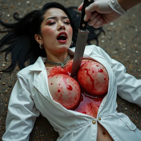 Gorgeous asian woman, with ponytail, hoop earrings, choker, huge oversized breasts that have red liquid that barely covers them with white lab coat over it that's been ripped open. She is lying on her back of floor of gravel ground. She has a large knife b...