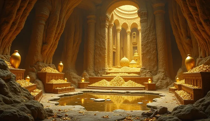  Cave seen from the inside with numerous gold objects, vases and chests full of jewelry , 