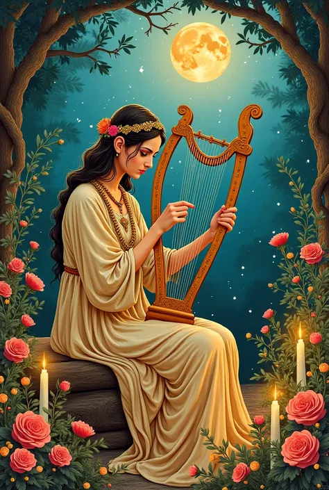 "Tarot-inspired illustration featuring the Queen of Swords at the center playing a lyre, accompanied by the Hermit. Include elements associated with the Hermit card, and subtle references to the Knight of Cups, Death, and Strength. The scene is adorned wit...