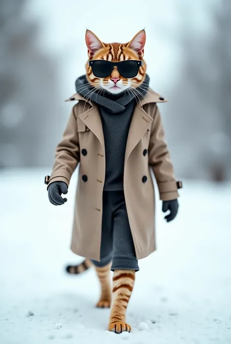 Create a full-body image of a cat doing a catwalk in winter , youthful dynamic Layer your trench over a monochromatic outfit and accessorize with oversized sunglasses;