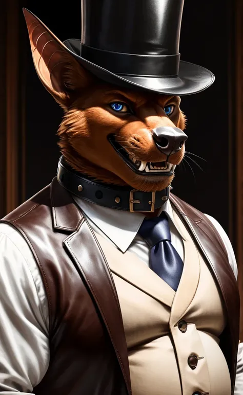 Solo, Male, close up, fat, musclegut, obese, steampunk, 1920s gentleman, dapper Bat, tilting head down, blue eyes, wearing a big leather collar around his neck, (soft shading), 4k, hi res, ((detailed face, detailed)), looking at viewer, evil grin, collared...