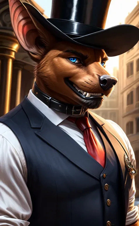 Solo, Male, close up, fat, musclegut, obese, steampunk, 1920s gentleman, dapper Bat, tilting head down, blue eyes, wearing a big leather collar around his neck, (soft shading), 4k, hi res, ((detailed face, detailed)), looking at viewer, evil grin, collared...