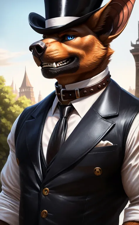 Solo, Male, close up, fat, musclegut, obese, steampunk, 1920s gentleman, dapper Bat, tilting head down, blue eyes, wearing a big leather collar around his neck, (soft shading), 4k, hi res, ((detailed face, detailed)), looking at viewer, evil grin, collared...