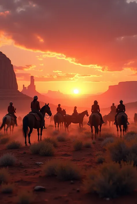 sunset, Old West, Western Wild Horses, natives, realism 