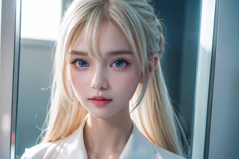  portrait 、School uniform、 ponytail、 young, shiny, radiant white shiny skin、The best beauty、Blonde reflection、 platinum blonde hair with dazzling highlights 、 shiny bright hair ,、 super long silky straight hair 、Shiny, beautiful bangs、Bangs above the face、...