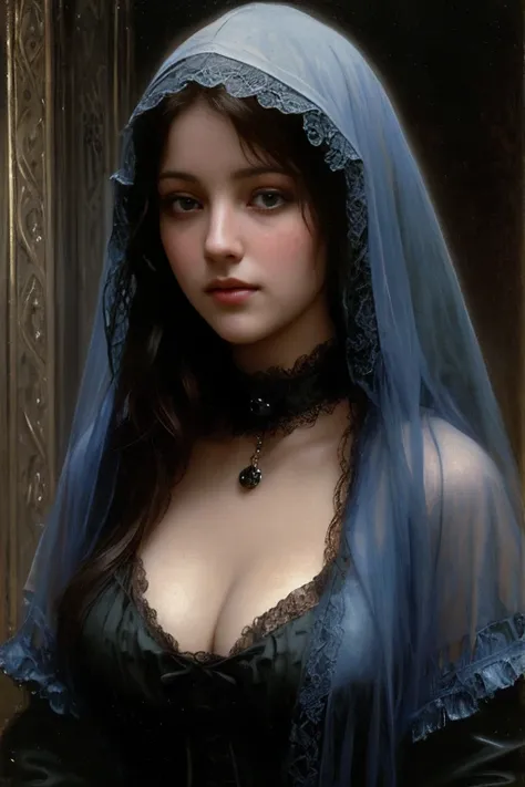 Beautiful (angel:1.0), wearing a (lace) hooded cloak, (gothic choker), o-ring collar, [: :.2] fantasy art, concept art, delicate features, feminine, Chiaroscuro , (style of howard chandler christy:1.0), 8k, highest quality, ( masterpiece by jean-joseph ben...