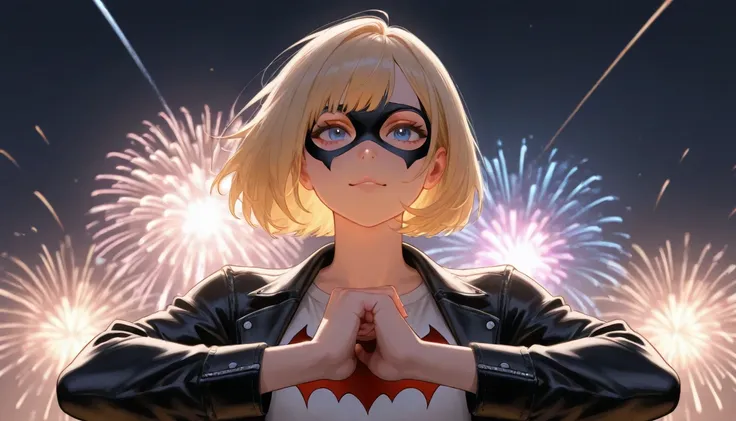 (( Style of Batgirl  ))  renders a full-body portrait of Marvel's Dazzler posing violently against the backdrop of a neon-lit city, Fireworks are exploding overhead.  Long Blonde Hair , She is demonstrating her strength, There&#39;s a bright light trail be...