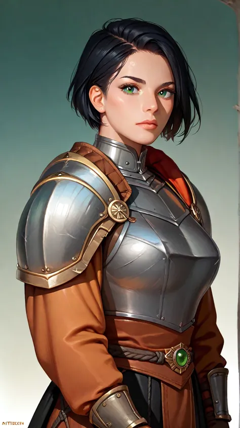  woman, green-eyed,  short black hair,  using a warrior's shoulder pad, 