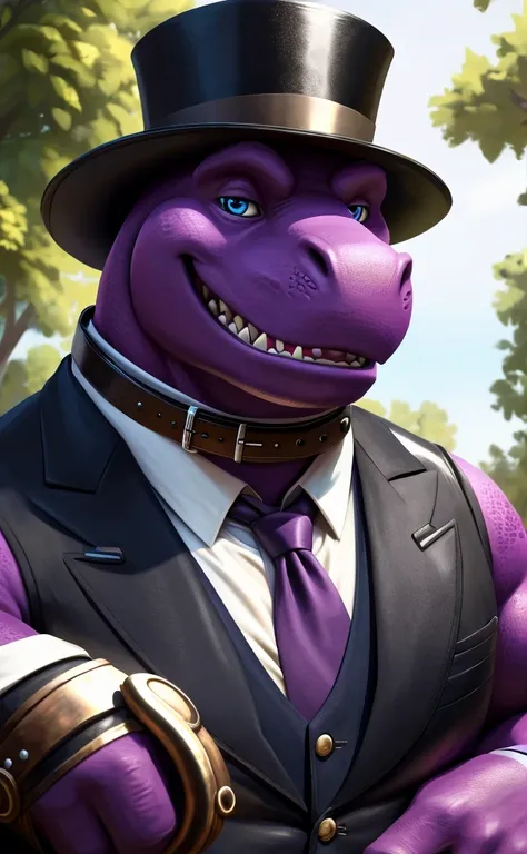 Solo, Male, close up, fat, musclegut, obese, steampunk, 1920s gentleman, dapper Barney Dinosaur, tilting head down, blue eyes, wearing a big leather collar around his neck, (soft shading), 4k, hi res, ((detailed face, detailed)), looking at viewer, evil gr...