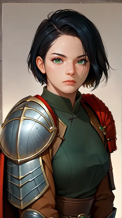  woman, green-eyed,  short black hair,  using a warrior's shoulder pad, 