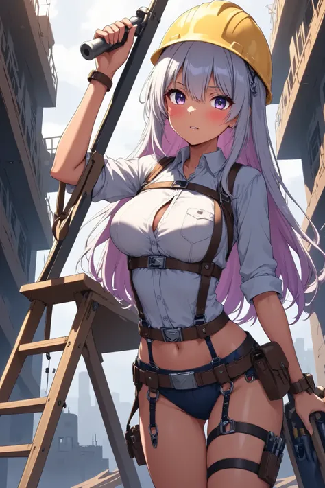 Beautiful woman doing construction , stepladder、 engineer tools with tanned leather tool belts、Full Harness、Anime