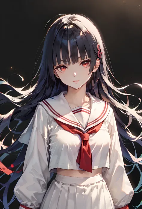 Anime Style, source anime, masterpiece, best quality, very aesthetic, absurdres, 1girl, black hair, long hair, hime cut, red eyes, serafuku, cinematic lighting, deep shadow, simple background，looking at  viewer, 