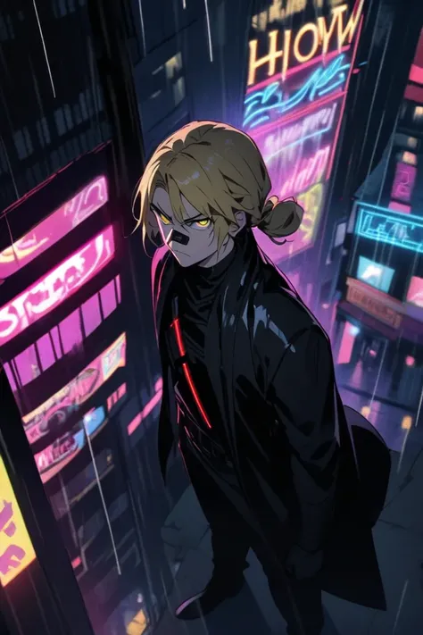  Boy with blond hair tied,In a black suit by Kylo Ren, with a black band-aid on the nose, above a building, night,neon lights,Serious and rainy 