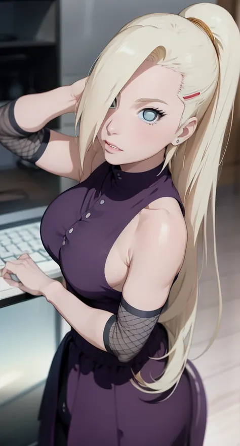 Pale skin, mature woman, elegant, blonde, realism - anime:1.3), Hyuga Hinata anime character from boruto or Naruto, Round breast, Sharp Fokused, high detailed, erotic lips kissing, Focus on the lips, thick shiny lips, very tempting, Great facial expression...