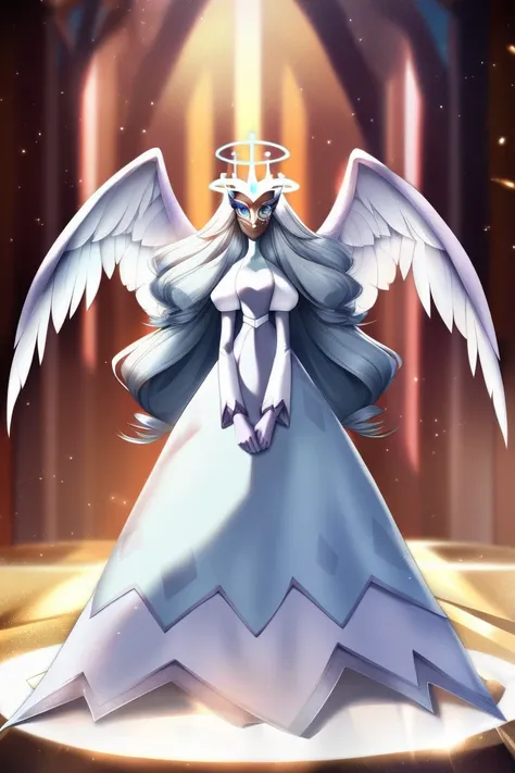 1girl, sera, halo, solo, standing, angel wings, full body, white dress, juliet sleeves, turtleneck dress, masked, horned mask, crossed-shaped eye, gloves, cape, 
BREAK
score_9, score_8_up, score_7_up, score_6_up, (high quality, detailed, beautiful), shiny,...