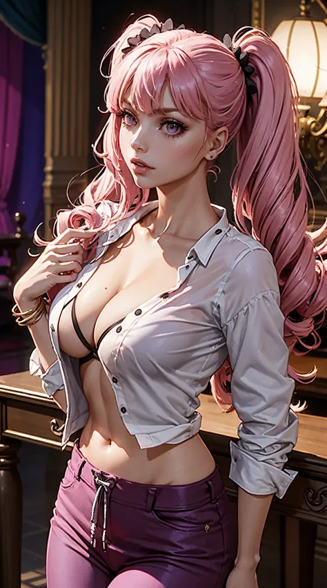 Beautiful  woman is shown to have a sexy figure. Has curly pink twin tails, She is wearing a large pink feather boa, pink striped pants, white open shirt, jewelry, she has sharp purple eyes,Girl standing in a gala ballroom, sexy session, poseing,exposed cl...