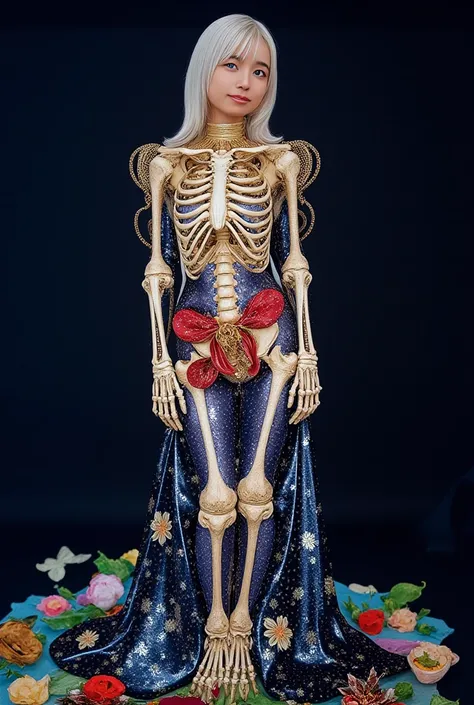 Image of flowers of hope, (skeleton like:1.3), ((female ornated princess)), (with long, flowing blonde hair), (beautiful bright blue eyes), Huge breasts, cleavage, (erect nipples), slender body, abs, curvy body, bare buttocks, trends on Art Station, flower...