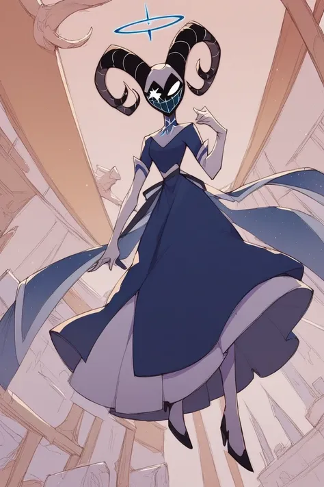 Solo, long skirt, heels boots, blue skirt, white gloves, long gloves, blue halo, black horns,black mask,masked,no face