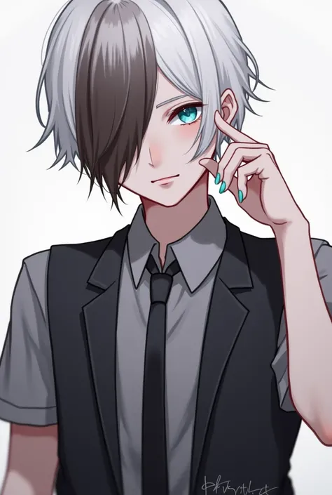  You can create a white-haired boy , with dark brown hair (covering the eye )with a gray short-sleeved blouse , with a sleeveless black jacket with a tie