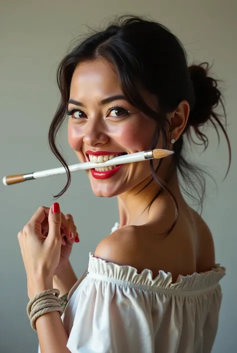 Generate a 3/4 profile of a woman’s face smiling while proudly displaying a white paintbrush glued between her teeth and her hands tied behind her back 