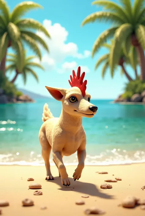 A dog with a chicken's head walking on a paradisiacal beach 