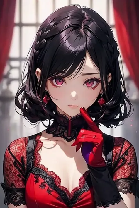   black hair、    Red Eye、((red and purple lace dress  )).    cute、    expressionless    、    alone、Non-parallel、((Confused Eyes)).((  Beautiful hairstyle  :1.35)).((   lace gloves)).