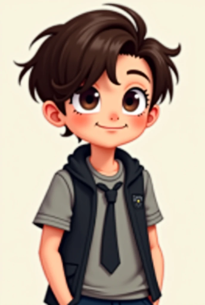 Can you create a cartoon style boy out of white skin, with dark brown hair (covering the eye )with a gray short-sleeved blouse , with a sleeveless black jacket with a tie