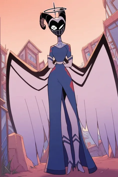 Solo, long skirt, heels boots, blue skirt, angel wings, white gloves, long gloves, blue halo, black horns, black mask, masked,no face,  masked, horned mask, crossed-shaped eye, thin arms, small waist, wide hips, big thighs, small butt, long legs