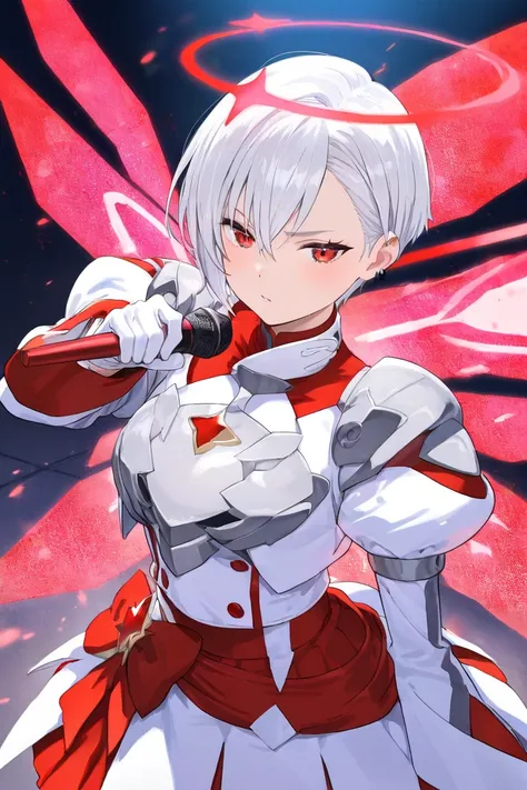 Short-haired woman with silver white hair with red gradation。Red eyes。Dressed like an idol