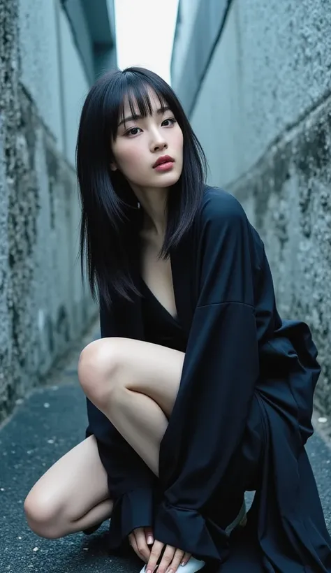    female 1 person 、((whole body))、   beautiful white skin 、 elegant and sexy kimono、 crouch、(( I can see my Chest、  emphasizes cleavage 、The more you can see the panties、 Lean forward slightly for a sexy pose、 event venue))、((whole body:2))、 gothic、   Ear...