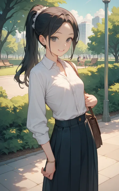 female, black hair, parted bangs, ponytail, Park, Smile, Small Breasts, anime, 