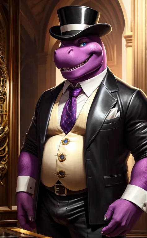 Solo, Male, close up, fat, musclegut, obese, steampunk, 1920s gentleman, dapper Barney Dinosaur, tilting head down, blue eyes, wearing a big leather collar around his neck, (soft shading), 4k, hi res, ((detailed face, detailed)), looking at viewer, evil gr...