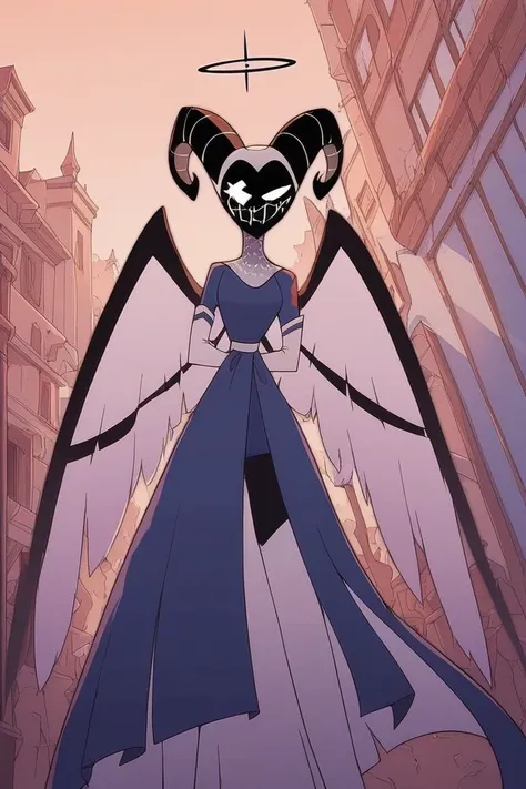 Solo, long skirt, heels boots, blue skirt, angel wings, white gloves, long gloves, blue halo, black horns, black mask, masked,no face,  masked, horned mask, crossed-shaped eye, thin arms, small waist, wide hips, big thighs, small butt, long legs, blue dres...