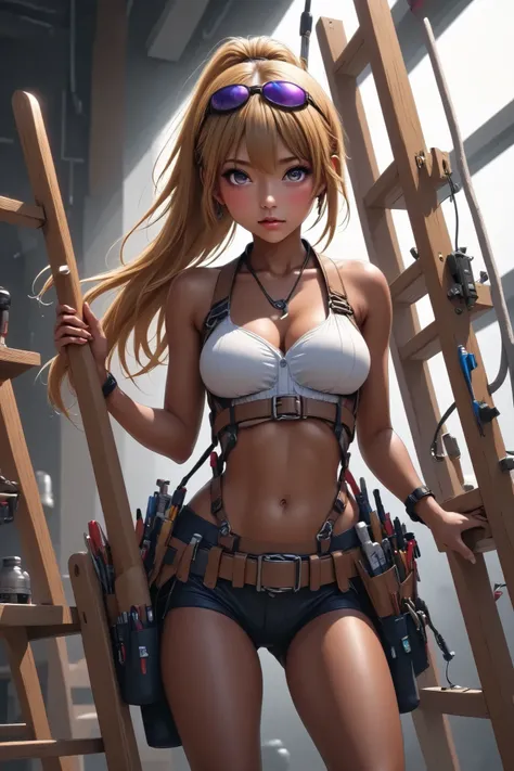  beautiful woman doing electrical work    , stepladder、  anatomically accurate electrical work    、  tan leather tool belt equipped with lots of tools、Full Harness、  perfect eyes、 matte brown skin  