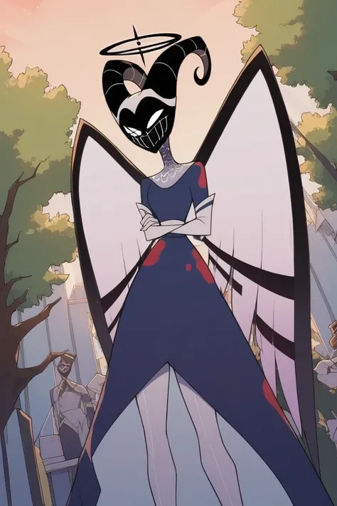 Solo, long skirt, black heels boots, blue skirt, angel wings, white gloves, long gloves, blue halo, black horns, black mask, masked,no face,  masked, horned mask, crossed-shaped eye, thin arms, small waist, wide hips, big thighs, small butt, long legs, blu...