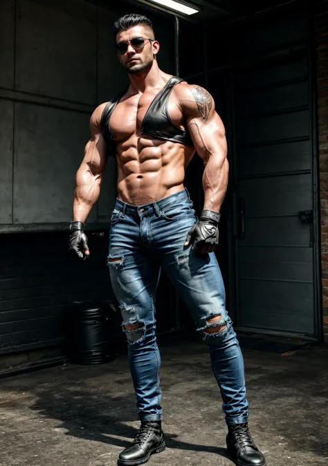 Ultrarealistic , chiseled ,young burly biker man , muscular, shredded  bodybuilder ((2.0)) , big chest, tattooed ,  veins popping out, black hair shaved on the sides, handsome face , heroic pose  sexy and mischievous expression , full body pose , aviator s...