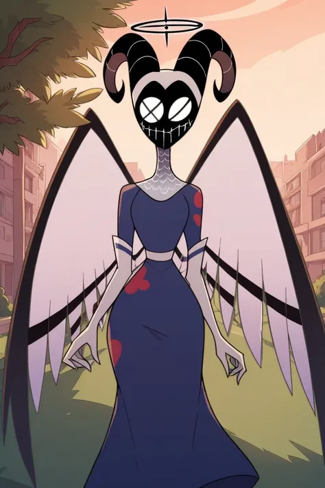 Solo, long skirt, black heels boots, blue skirt, angel wings, white gloves, long gloves, blue halo, black horns, black mask, masked,no face,  masked, horned mask, blue crossed-shaped eye, thin arms, small waist, wide hips, big thighs, small butt, long legs...