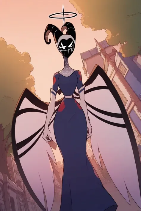 Solo, long skirt, black heels boots, blue skirt, angel wings, white gloves, long gloves, blue halo, black horns, black mask, masked,no face,  masked, horned mask, blue crossed-shaped eye, thin arms, small waist, wide hips, big thighs, small butt, long legs...