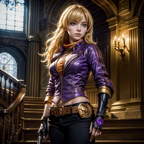 yangxiaolong, yang xiao long, smiling, long hair, blonde hair, (purple eyes:1.3), ahoge, bangs, BREAK cleavage, jacket, black pants, belt, mechanical arms, single mechanical arm, prosthesis, prosthetic arm, BREAK indoors, standing next to military officer ...