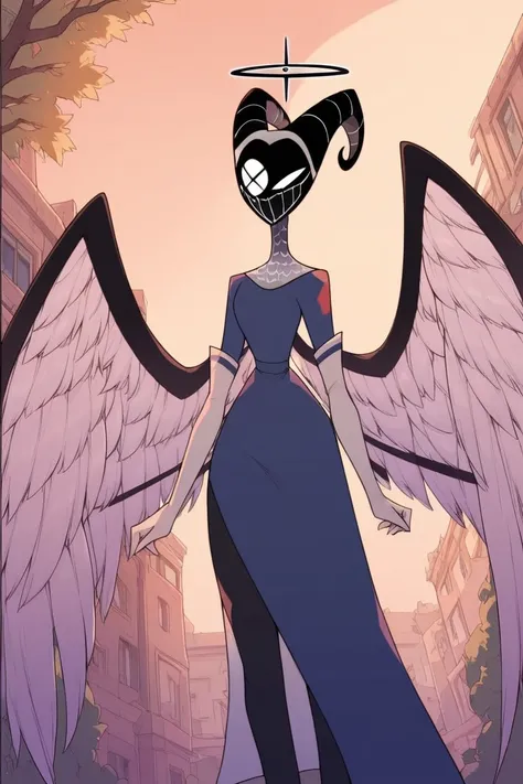 Solo, long skirt, black heels boots, blue skirt, angel wings, white gloves, long gloves, blue halo, black horns, black mask, masked,no face,  masked, horned mask, blue crossed-shaped eye, thin arms, small waist, wide hips, big thighs, small butt, long legs...