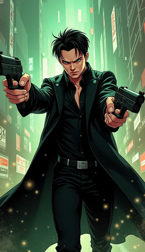 Neo from The Matrix shooting in an anime version of a manga