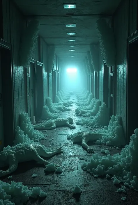 A scp site hallway filled with scp 409 Crystals the Hallway looks abandoned and dark with several dead infected personnel on the floor 