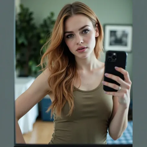 Petite Woman standing, full-length, full-body, skinny legs, petite, taking a full body selfie, iPhone 16, cute girl's clothing, standing in front of bedroom mirror, dirty blonde auburn hair,  dark emo eye makeup