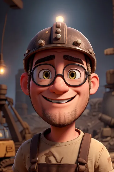 A happy man wearing a traditional miner's helmet with a bright headlamp in the front. He also has large, sturdy miner's goggles with dark lenses. The man has a cheerful and animated expression, showcasing a wide smile. His appearance is rugged, yet filled ...