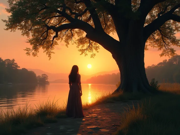 "Layla standing under the old oak tree by the riverbank, looking down the path with a nervous expression. The sun is setting, casting long shadows over the scene. She waits for Omar, her heart heavy with conflicting emotions of love, anger, and loss."
