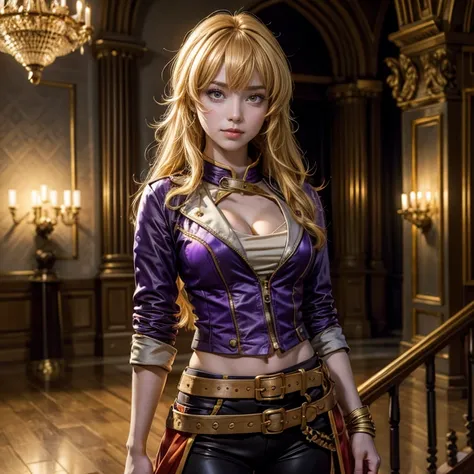 yangxiaolong, yang xiao long, smiling, long hair, blonde hair, (purple eyes:1.3), ahoge, bangs, BREAK cleavage, white dress with gold trim, belt, mechanical arms, single mechanical arm, prosthesis, prosthetic arm, BREAK indoors, standing next to military o...