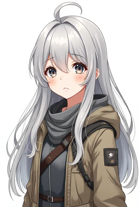 anime girl with long silver hair, white background, 2D, adventurer. 